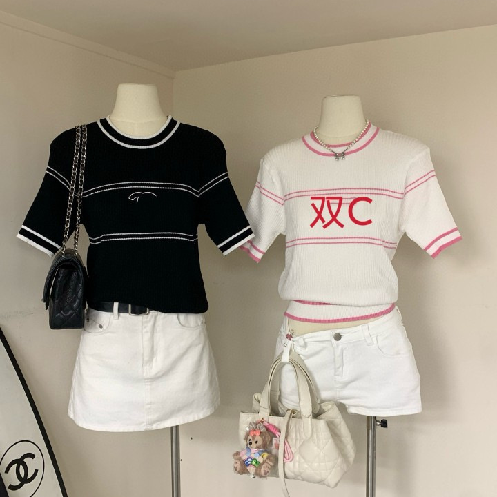 CH High Version 25 Early Spring and Summer New Color Matching Flocking Logo Knitted Shirt Round Neck Short Sleeve Elegant All-match Top for Women