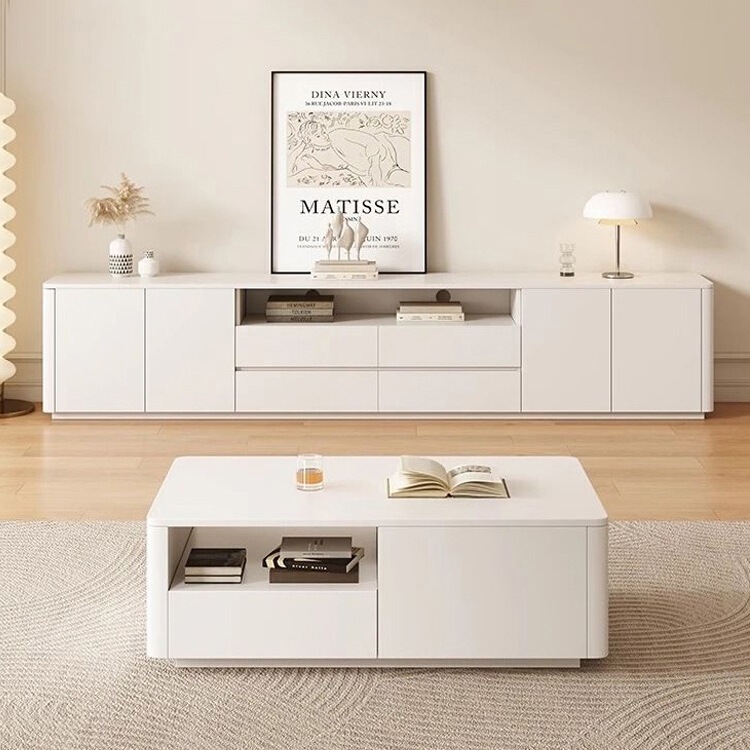 Solid Wood Tv Cabinet Cream Style Modern Simple Floor-Standing Small Apartment Coffee Table Tv Cabinet Combination Living Room Home