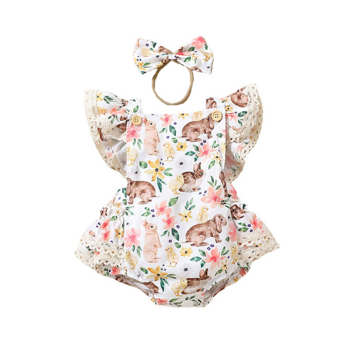 AliExpress Amazon Baby Girl Easter Rabbit Lace Sleeve Three-Layer Cake Triangle Climbing Suit + Headband
