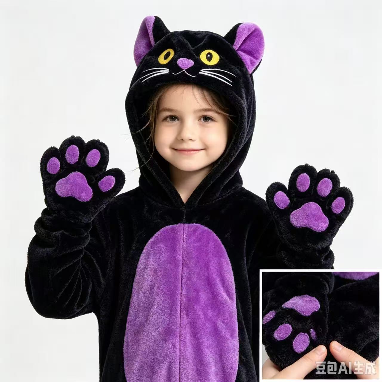 2025新款秋冬法兰绒动漫带猫爪黑猫豹纹猫儿童动物连体睡衣家居服