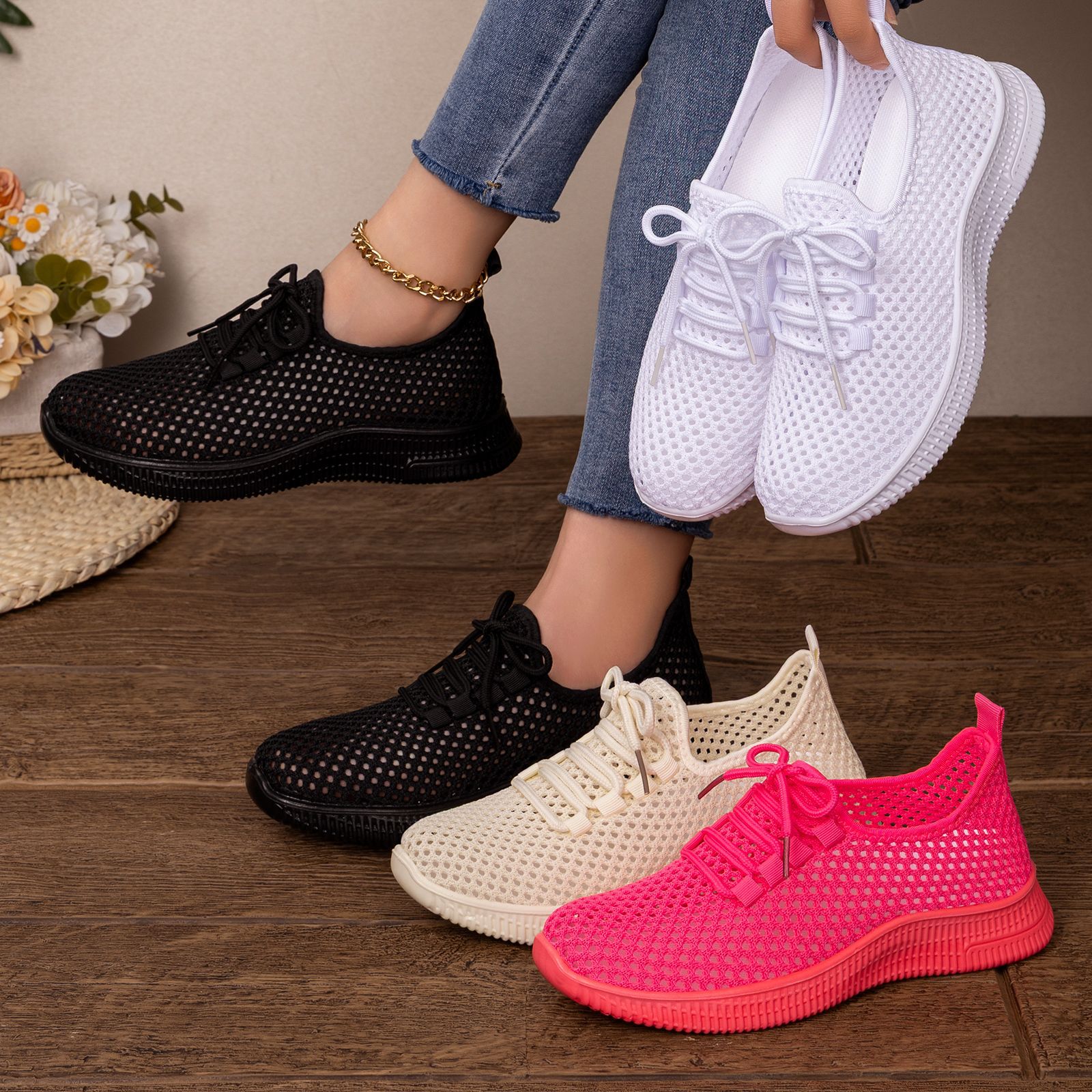 Primavera y otoño nuevos zapatos casuales de tejido de poliuretano transpirables zapatos deportivos grandes zapatos de malla de mujer