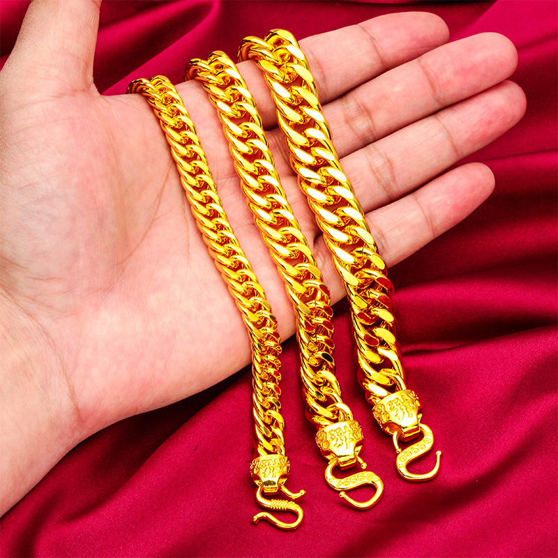 Vietnam sand Gold boss Bracelet Men's wide-brimmed blessing head bracelet flat bracelet 10 12 14mm boss