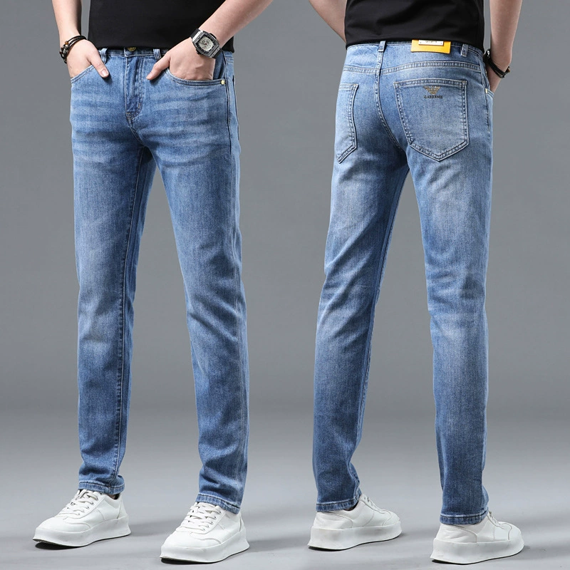 Elastic thin blue jeans, stretch slim fit, light wash, sizes 28–38