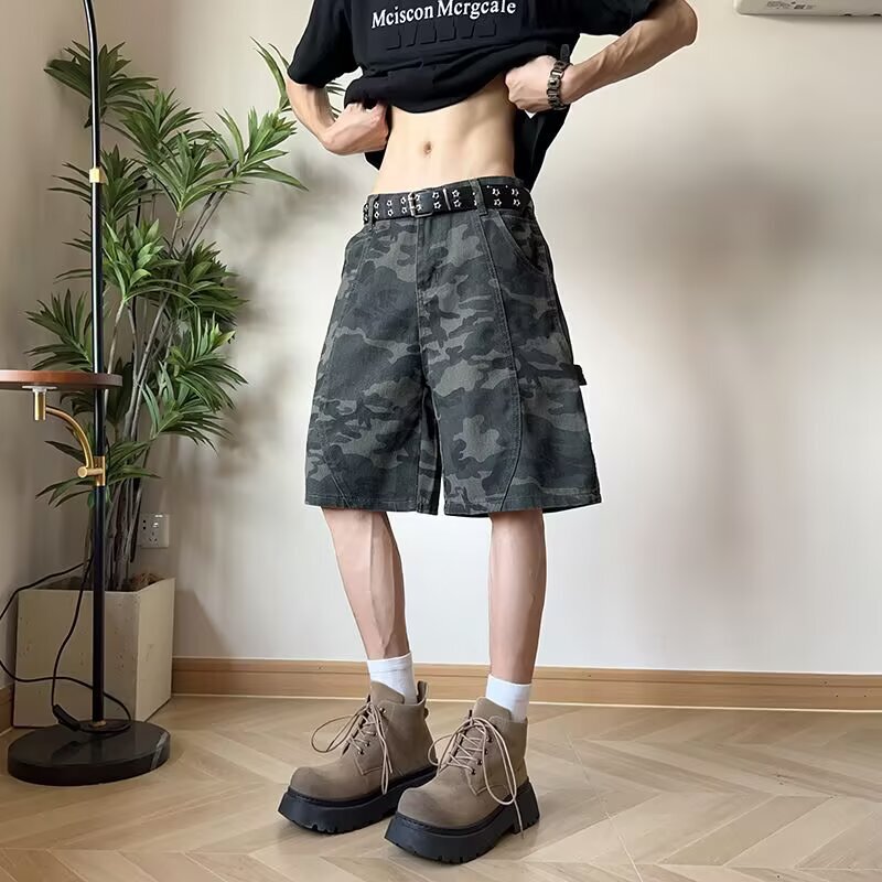 American Retro Washed Camouflage Cargo Shorts Men's Summer New Niche Loose Deconstructed Casual Five-Point Shorts Men