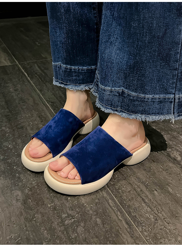 Dép sandal nữ quai ngang đế dày gót 5 cm, mềm êm, đi biển hè — xanh lam, nâu sẫm chi tiết 11