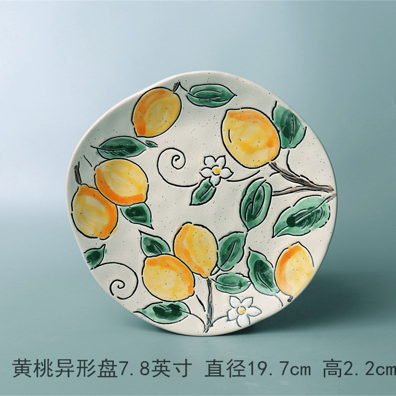ヨーロッパ式円形大皿陶磁器手描き釉薬下果物クリエイティブケーキ皿家庭用料理皿円形ステーキ皿皿皿|undefined