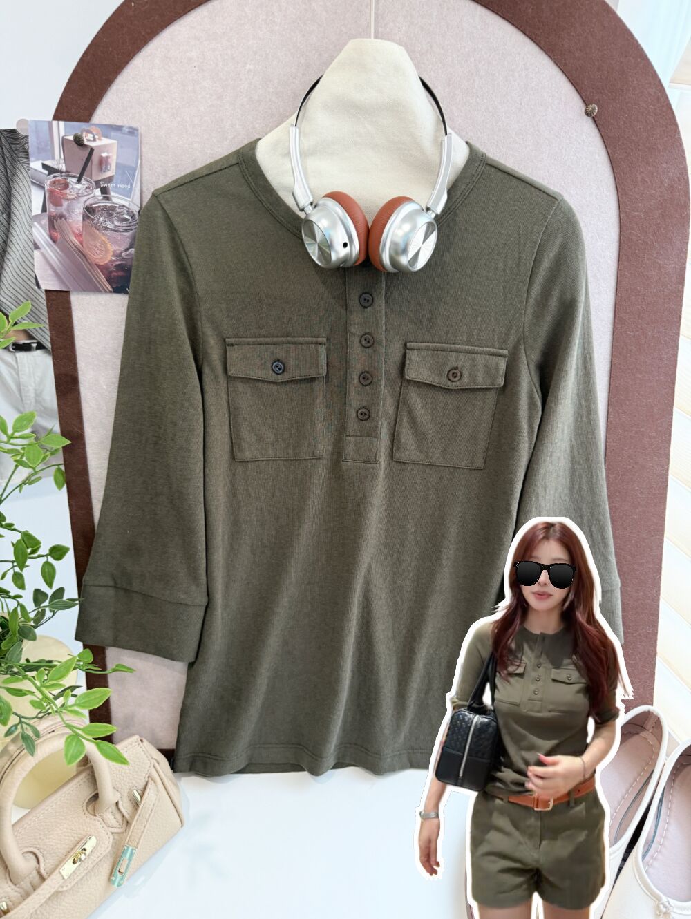 In stock/home girl Fa*x lightweight fabric Henry collar mid-sleeve slimming soft waxy T-shirt!