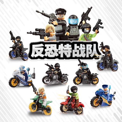 Anti-Terror Special Forces Compatible LEGO Small Granularity Minifigure Toy Motorcycle Police Car for Children Boys Assembly
