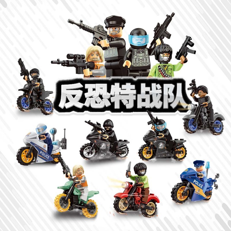 Anti-Terrorist Special Team Compatible with Lego Small Particle Building Blocks Small Figurine Toy Motorcycle Police Car Children Boys Assembled