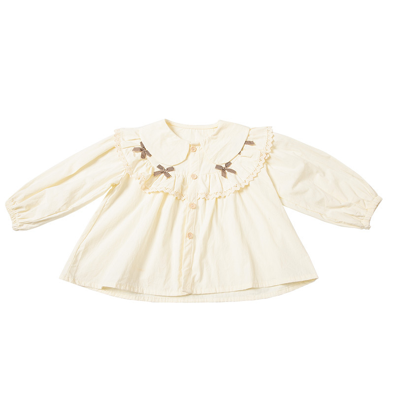 Camisas de otoño de niñas 2025 nueva moda de arco de arco de muñeca infantil camisa de cuello de primavera y otoño chaqueta de bebé femenina