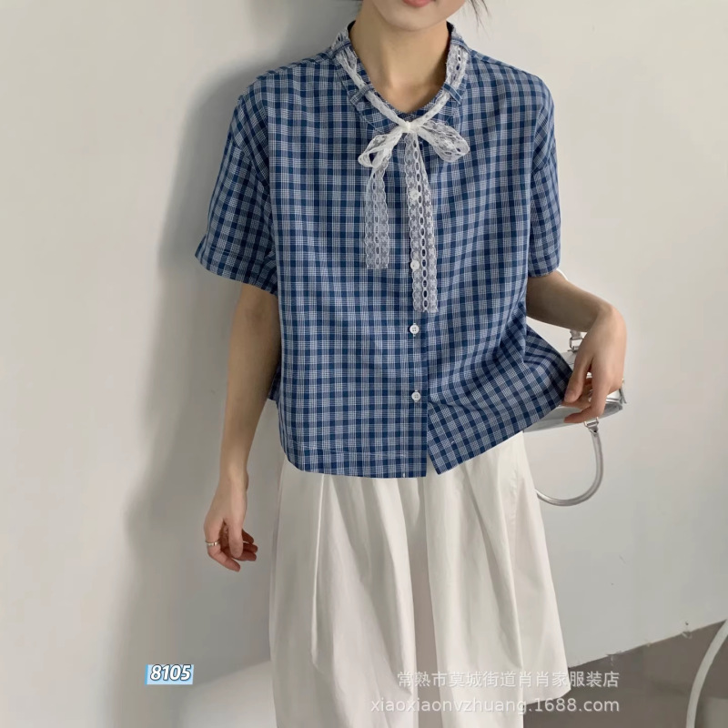 8105 Lace-Up Plaid Shirt for Women, Spring and Summer Design, Stand-Up Collar, Korean Style, Loose Fit, Layered Short-Sleeve Top 8105 Lace-Up Plaid Shirt for Women, Spring and Summer Design, Stand-Up Collar, Korean Style, Loose Fit, Layered Short-Sleeve Top