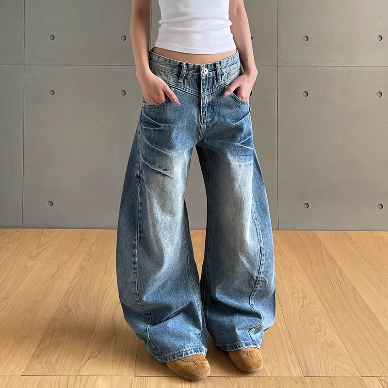 裂纹水洗牛仔裤男直筒宽松弯刀阔腿美式高街裤子潮流百搭痞帅长裤