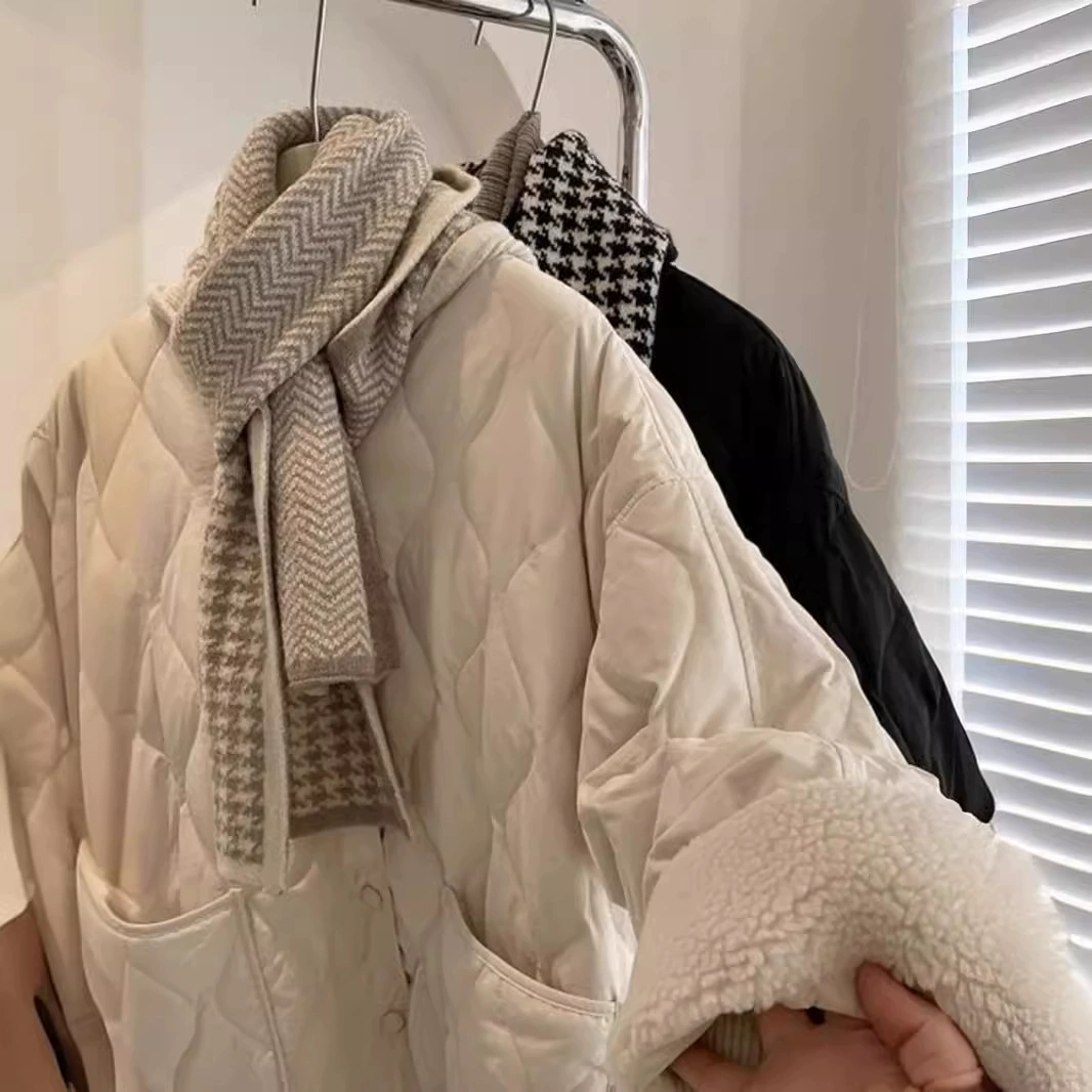Зимняя корейская куртка без воротника из овечьей шерсти с пэчворком в ромбовидную клетку и хлопком для миниатюрных женщин, свободное и теплое пальто.