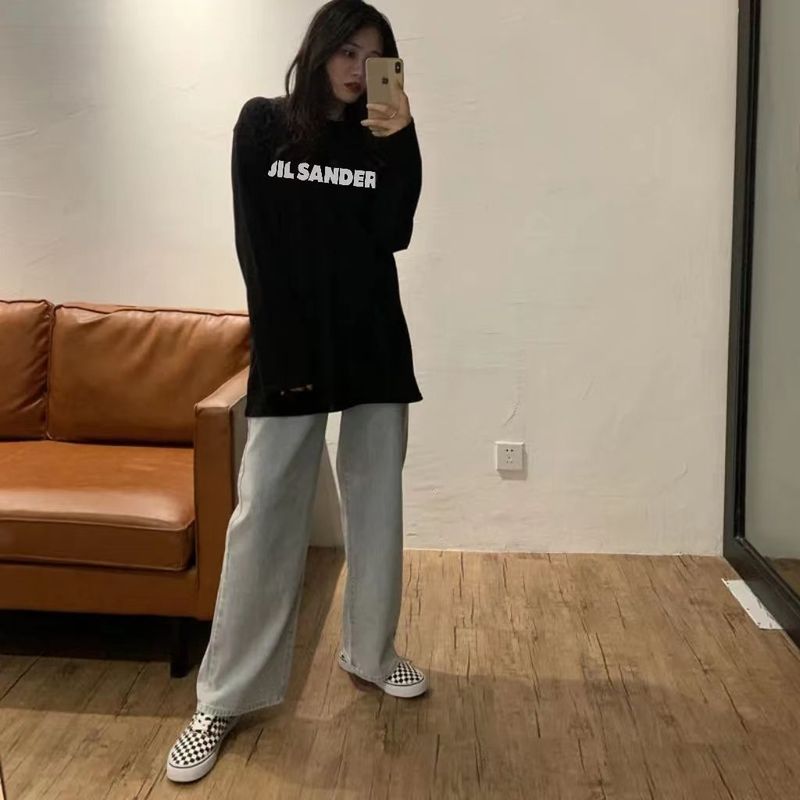 重いポンドの純綿の長袖のtシャツの女子学生はゆったりしています。|undefined