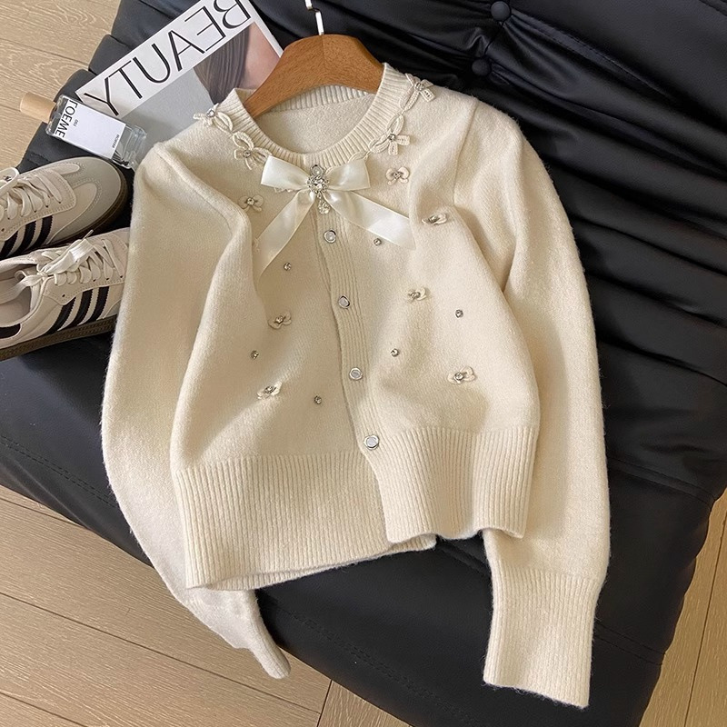 法式小香风重工钉珠蝴蝶结针织开衫男女秋冬甜美软糯百搭毛衣外套|undefined