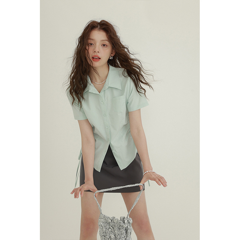 American College Style Short-Sleeved White Shirt for Women Summer New Slim Side Waist Drawstring Design Niche Short Top