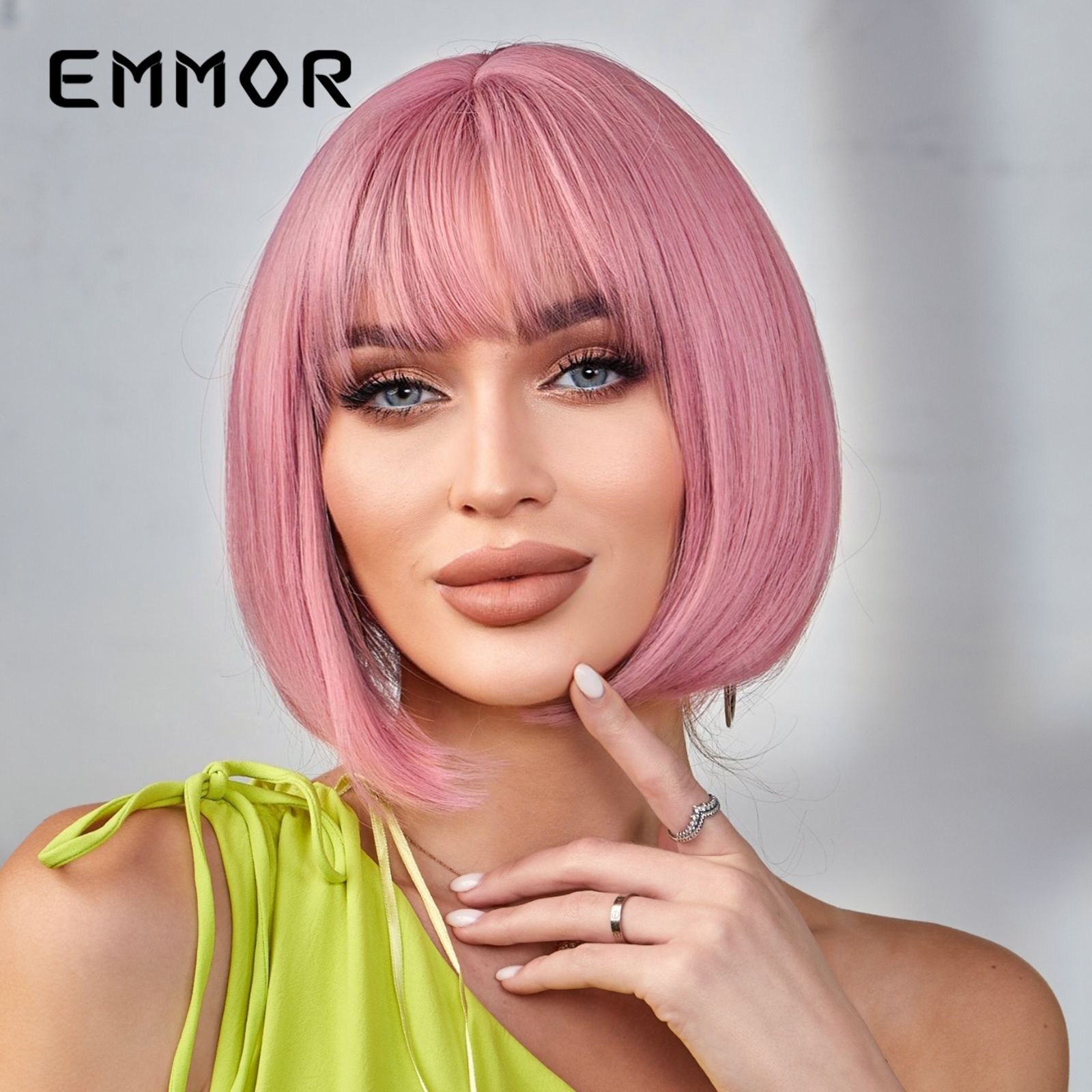 EMMOR Amazon venta caliente cabello corto rosa Qi flequillo BOBO cabello liso peluca de seda de alta temperatura mate europea y americana