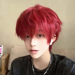 Wig Boys Short Hair Raspberry Red Handsome Fashionable Short Straight Hair Full Headset Men's Group Hairstyle Daily Straight Bangs Hair Set