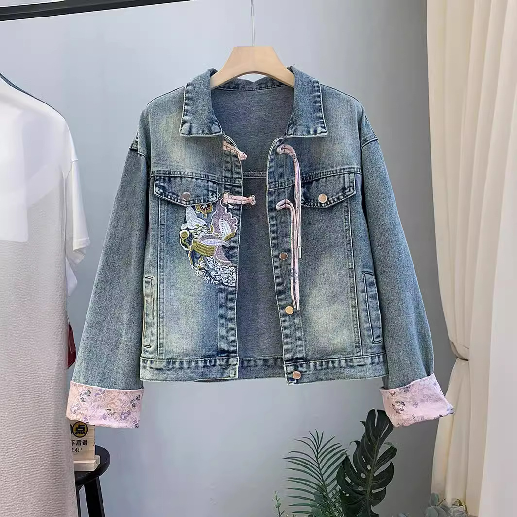 신중국풍 자수 데님 재킷 여성용 2025 봄 신상 디자인 소형 숏 재킷 상의