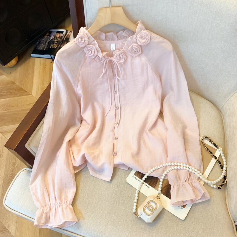 Guangzhou Thirteen Rows High-Quality Popular Items~2025 Autumn New Korean-Style Three-Dimensional Flower Collar Tie-Up Shirt Top for Women
