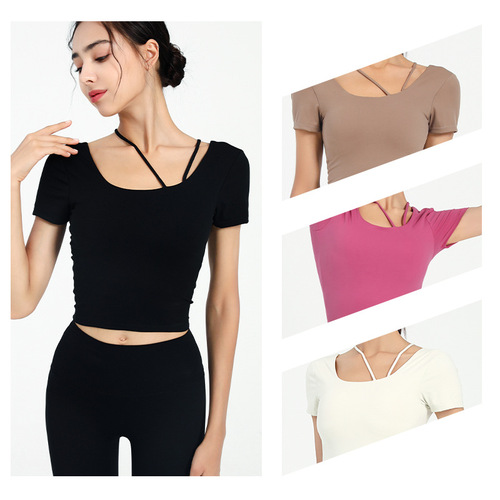 Cross-border yoga wear short-sleeved women's slim-strap back top fitness sports bra fitness wear vest with chest pad