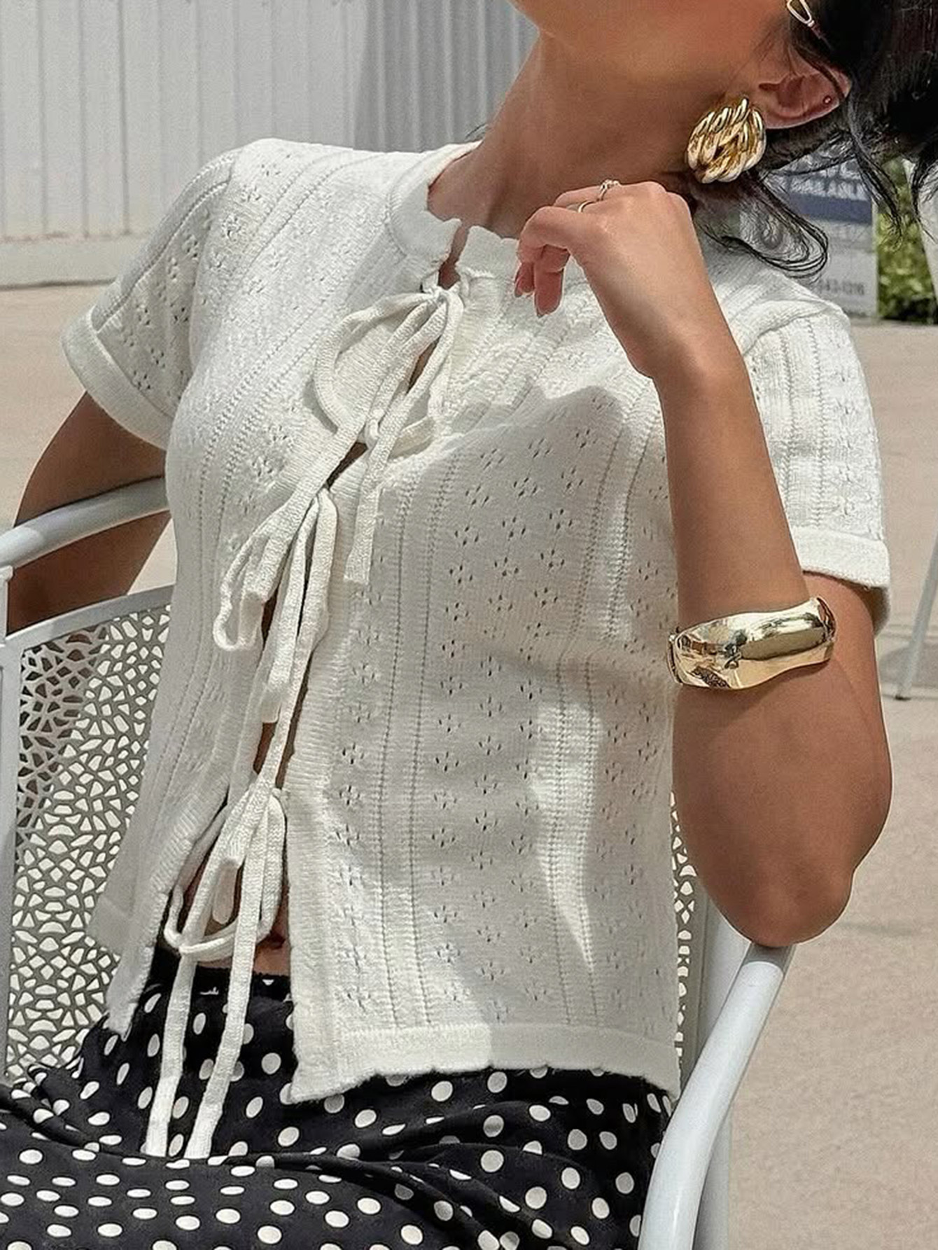 Kaikuo2026 primavera y verano transfronterizos de Europa y América ropa de mujer suave viento agujerado cardigan de lana correa casual camisa de manga corta image 3