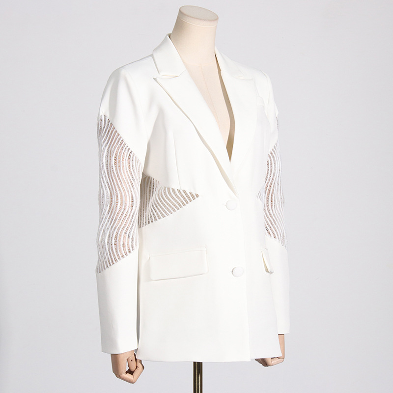 Elegant Women's Blazer Jacket Long Sleeve Lace Patchwork V-neck_voghion.com
