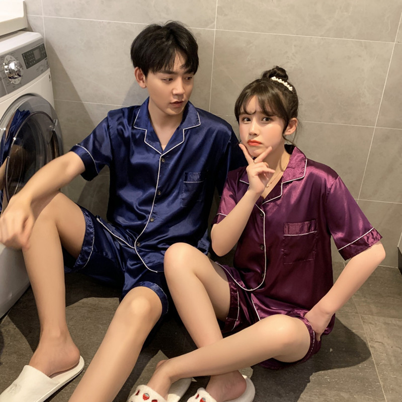 Fábrica directa pareja pijamas de las mujeres de manga corta de color sólido simple cardigan de seda artificial traje fino desgaste del hogar de los hombres de seda de hielo