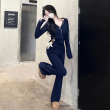 韩国东大门气质修身性感简约连帽长袖外套+显瘦休闲长裤套装女士