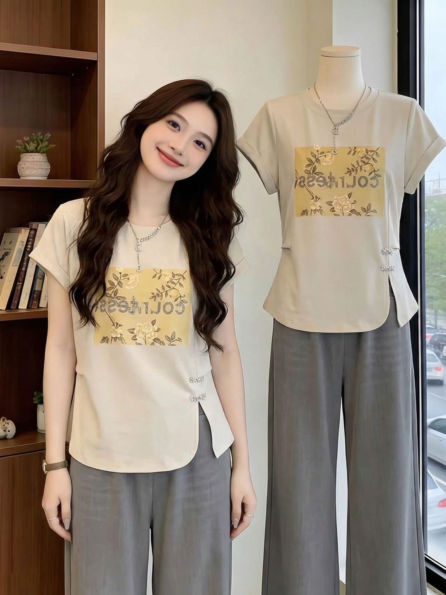 Áo thun ngắn tay nữ phong cách quốc gia cổ đĩa, tay ngắn không đối xứng, form rộng thoải mái — màu mơ chi tiết 6