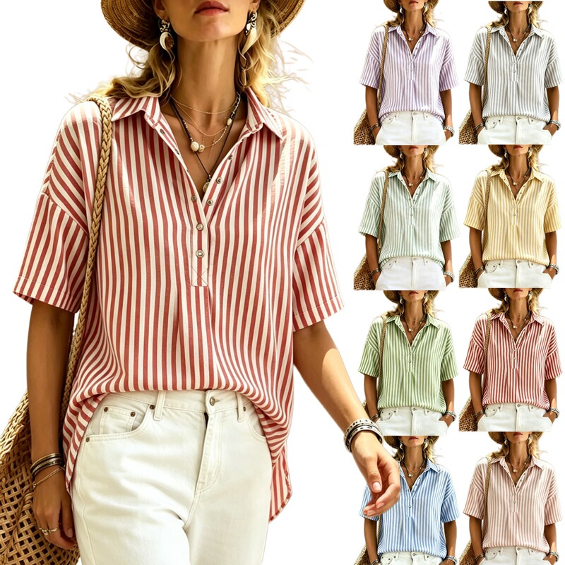 2026 European and American Cross-Border Amazon Independent Site Summer New Women's Fashion Casual Striped Short-Sleeve Shirt with a Turn-Down Collar