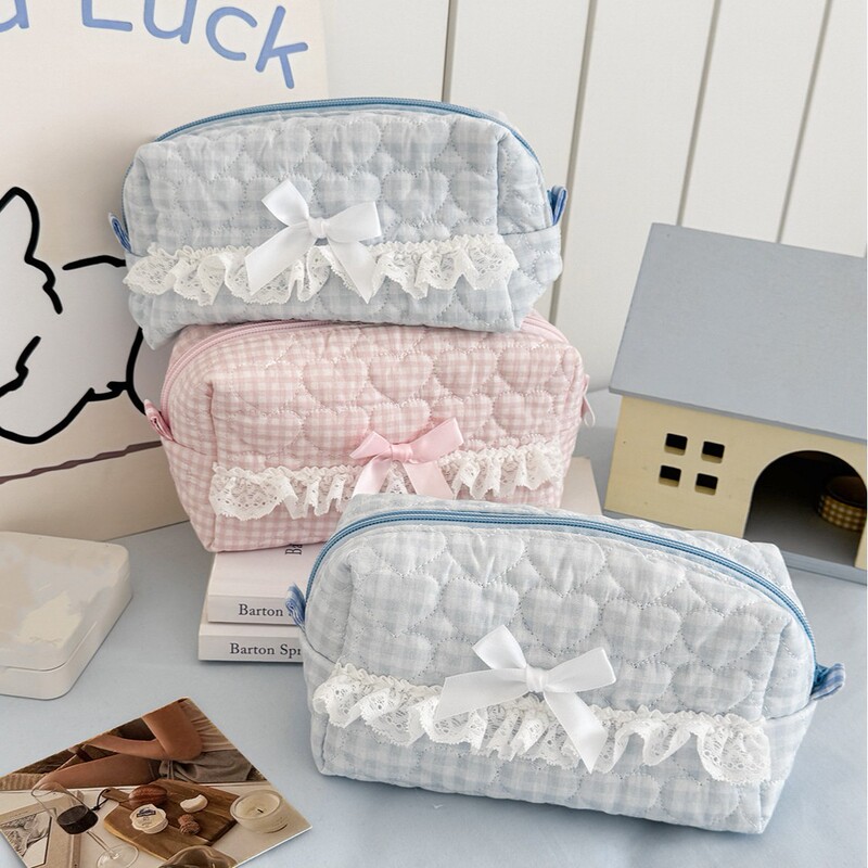 New Korean Plaid Lace Cosmetic Bag Quilted Love Octagonal Bag for High-Looking Girls, Cute and Sweet
