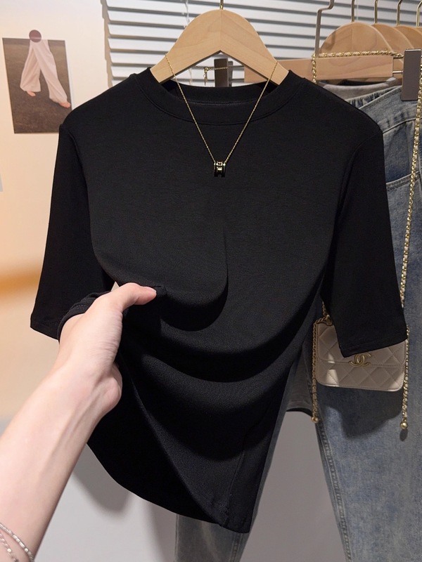 モーダル黒正肩中袖tシャツ女性夏春ねじ半袖丸襟修身五分袖底上着|undefined