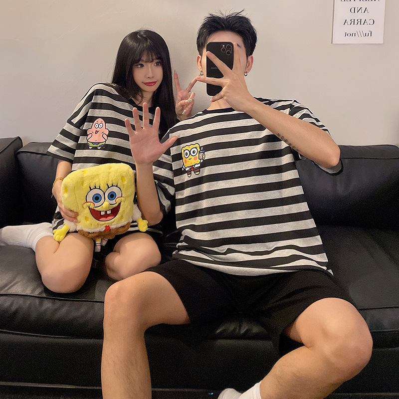Couple Pajamas Women's Summer Cartoon Short-sleeved Shorts Set Korean Style Pajamas Teenagers Men and Women Couple Home Clothes