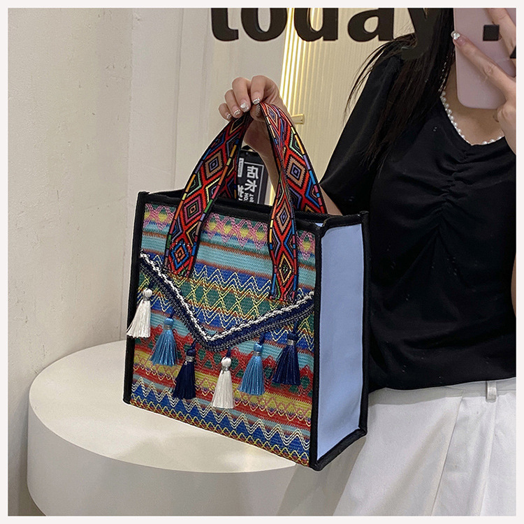 Canvas Material Women's Medium Canvas Ethnic Style Tote Bag