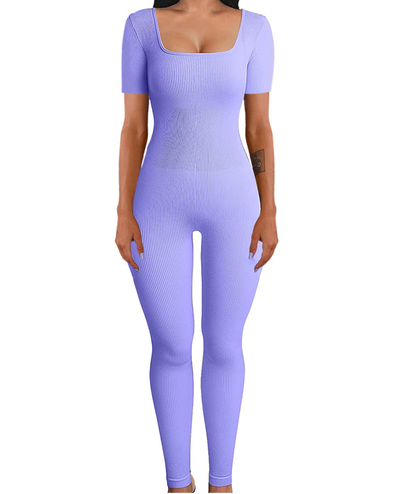 Women's Tight Jumpsuit Sexy Square Neck Solid Colour Hip Lifting_voghion.com