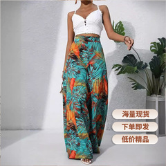 ヨーロッパとアメリカの国境を越えたアマゾンの女性のシフォンプリントカジュアルパンツ2025夏の新しいミッドウエストパンツ塗装プリント