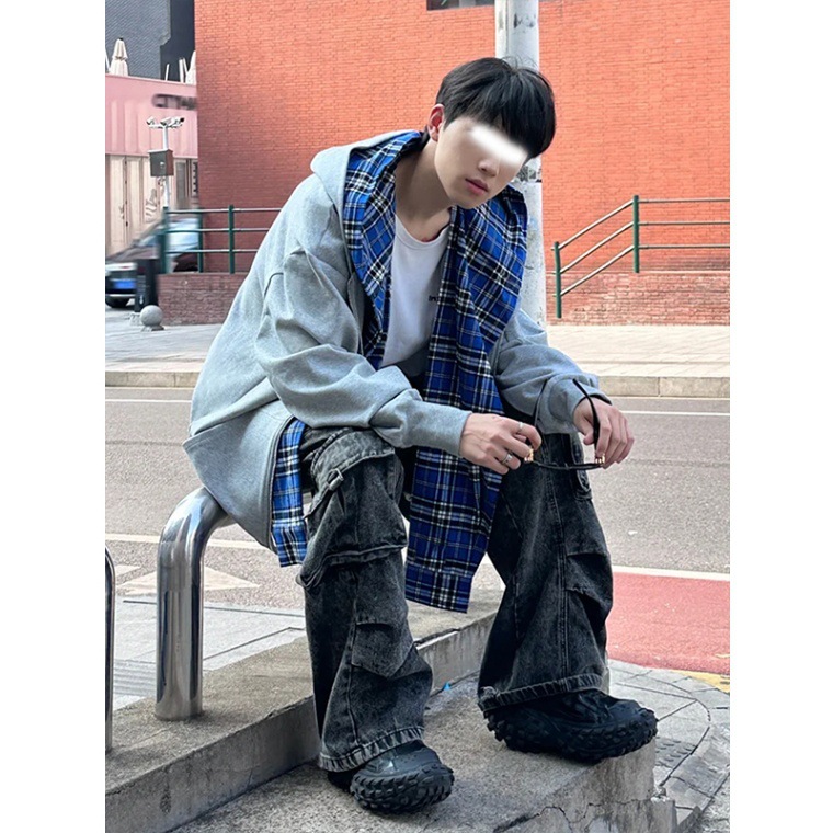 ​​Men's Checkered Zip-Up Hoodie – Heavyweight Faux Layered Pullover With Drop Shoulder & Side Pockets (Cotton Blend, Grey/Black, M-3XL)​​_voghion.com