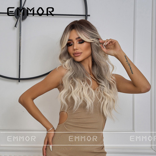 European and American cross-border new big wave wig for women with eight-character bangs, black gradient gray long curly hair, chemical fiber full headgear