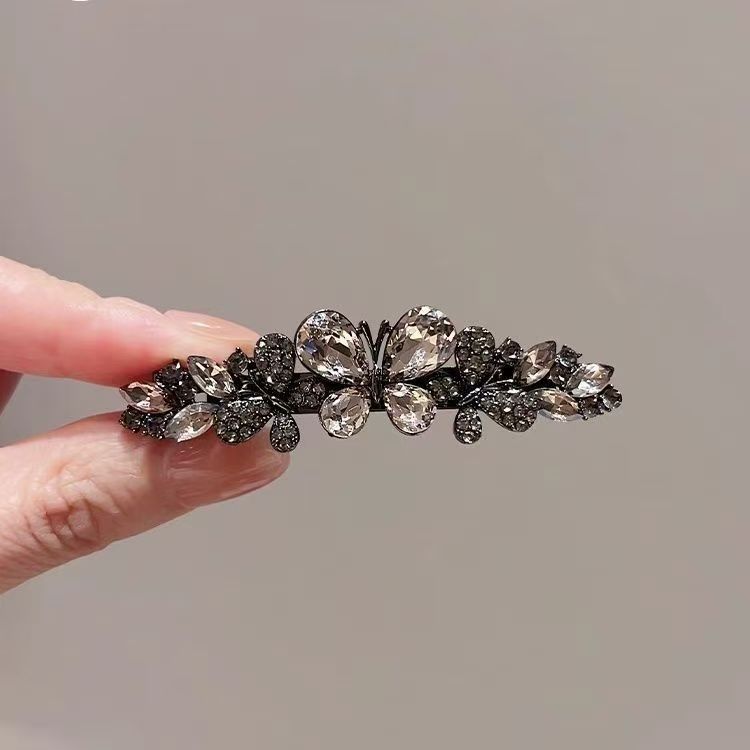 新款黑色满钻蝴蝶发夹弹簧夹轻奢高级感水钻头饰女后脑勺顶夹