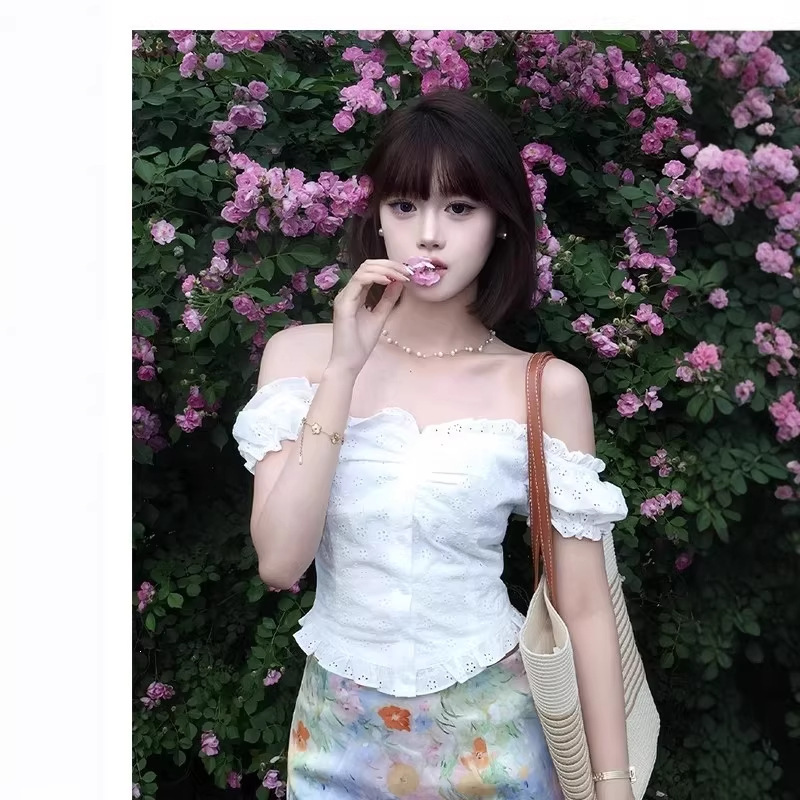 Miu Style Outfit: Short-Sleeved Shirt + Short Skirt Set, Summer Off-Shoulder Two-Way Wear Puff Sleeve Blouse, Slim-Fit Short Top