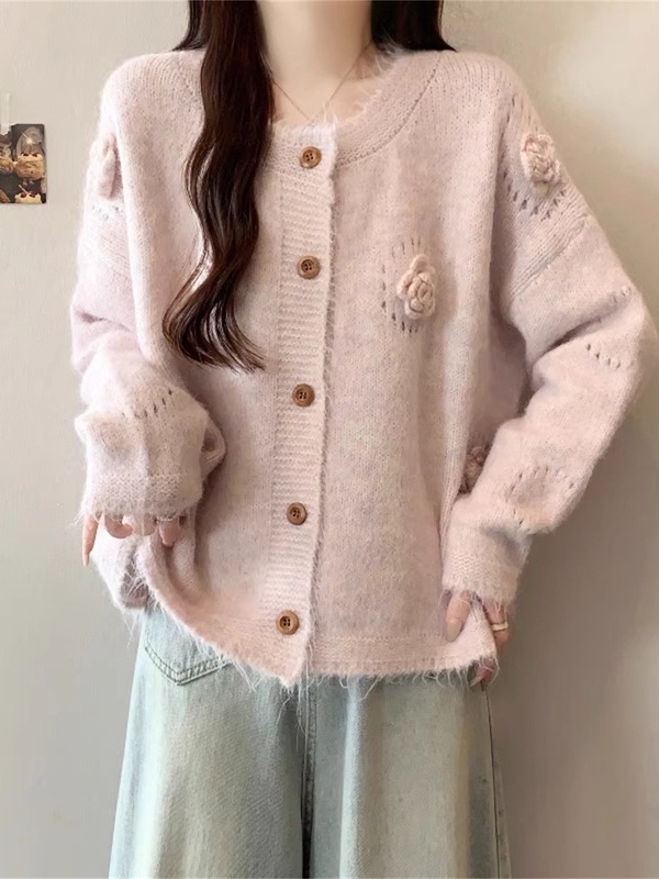 宽松慵懒风立体花朵针织开衫女秋季大码胖MM显瘦百搭休闲长袖上衣|undefined