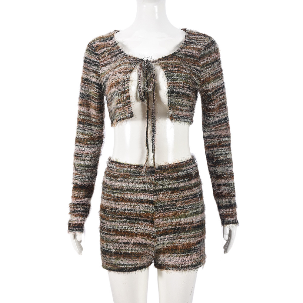 Women Clothing Autumn Winter Pine Needle Wool Exposed Cropped Hollow Out Cutout out Strap Short Shipment Long Sleeve Two Piece sets 15 Women Clothing Autumn Winter Pine Needle Wool Exposed Cropped Hollow Out Cutout out Strap Short Shipment Long Sleeve Two Piece sets