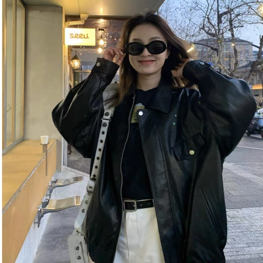 Polyurethane Short Retro Jacket with Zipper - Autumn Oversized Loose Fit, American Style - Black