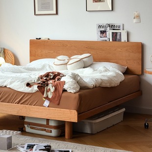 Cherry Wood Flush Bed for Small Apartments, Thin Headboard, Master Bedroom Bed, Double Bed, Vintage Log Bed with Mortise and Tenon Structure