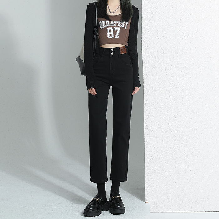 HEY+JEANS直筒牛仔裤女2023韩版新款高腰显瘦小个子高弹力烟管裤