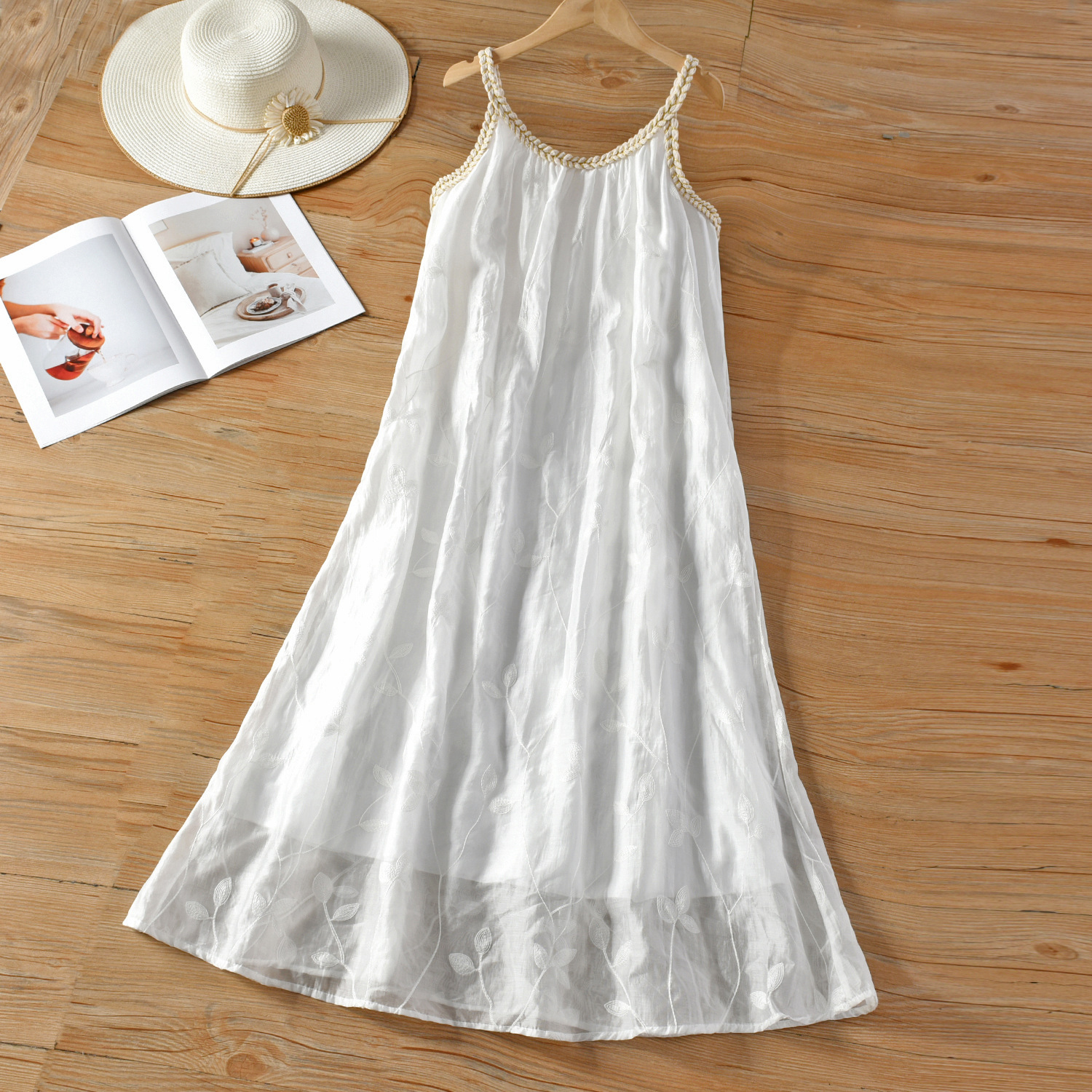 프랑스 자카드 자수 교수형 목 원피스 여성 여름 서양 스타일 짠 트위스트 슬립 스커트 해변 화이트 비치 스커트