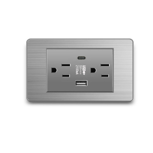 Stainless steel brushed finish US standard 15A gray 3-way Amazon USB 6-port Thai style switch panel