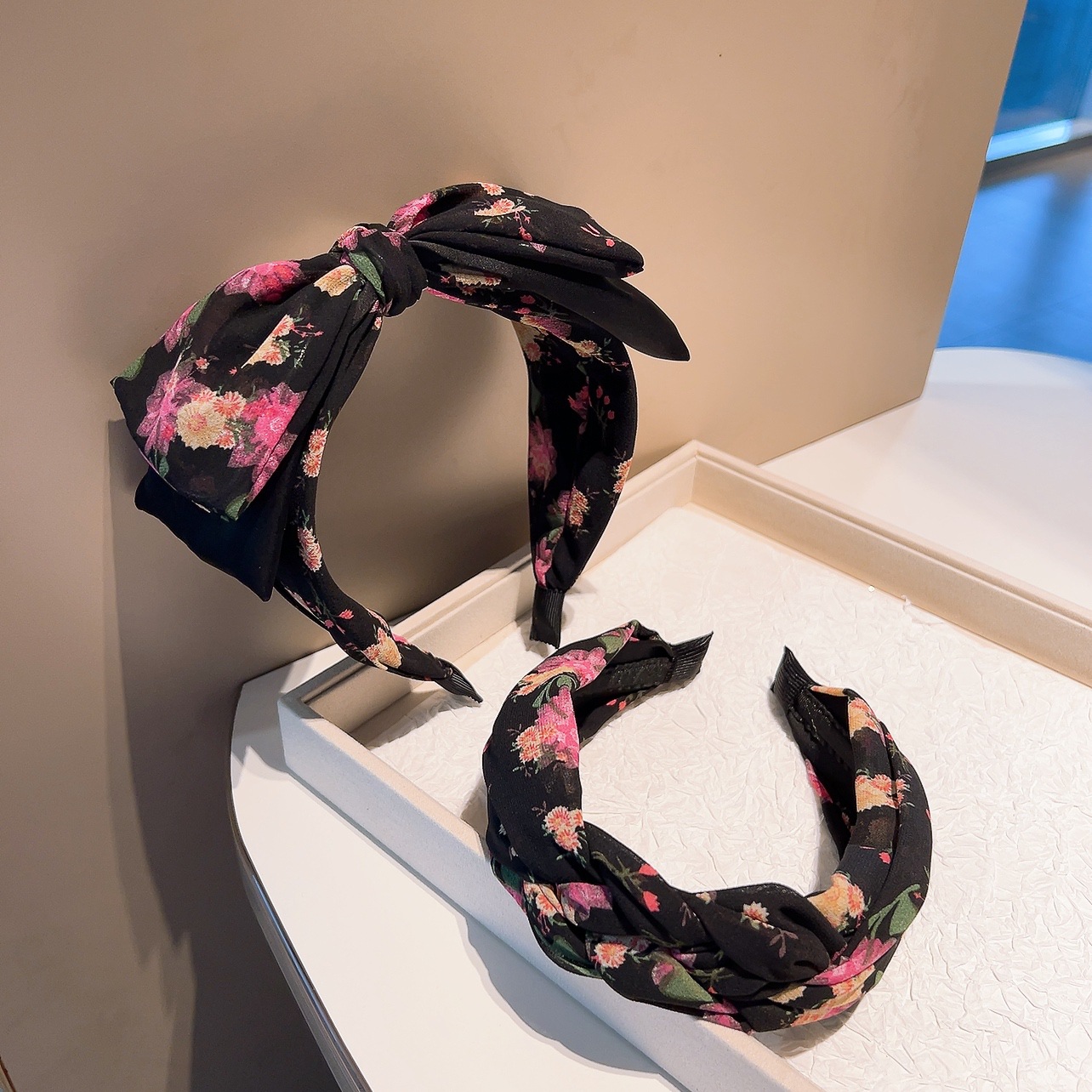 韓國版～新款花色復古風ins氣質優雅高質感雪紡蝴蝶結髮卡頭箍女