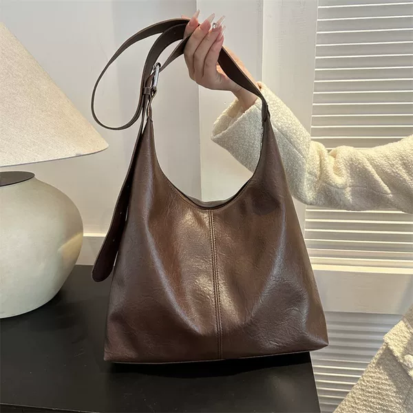 Fashion Retro New Large Capacity Tote Bag Women's Korean-style Solid Color Casual Commuter Shoulder Bag PU Texturized Crossbody Bag